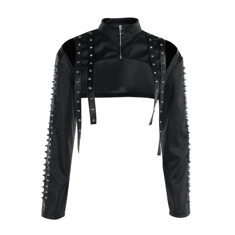 Women's Black Leather Cropped Jacket Spiked Cutout – BYMANYC New York | Minor & Co.